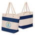 A navy and cream striped tote bag with twisted handles and a logo on the front.