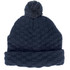 A navy blue pom pom beanie with a textured pattern and a fluffy pom pom on top. It has a folded brim.
