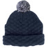 A dark navy beanie with a textured pattern and a grey pom pom on top, featuring a logo.