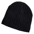 A black cable knit beanie made from textured fabric, featuring a subtle logo.