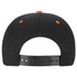 A black snapback cap featuring orange detailing and an adjustable snap closure on the back.