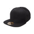 A black snapback cap with a flat brim and a logo on the front.