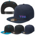 A navy blue snapback cap with a flat brim, featuring a logo, and accented with bright blue details.