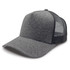 A grey trucker cap featuring a textured front panel and mesh back for breathability. It has a logo on the front.