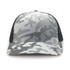 A grey and black trucker cap featuring a snow camouflage pattern and a mesh back with a logo.