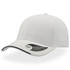 A white cap with a curved visor and a branding label on the side.