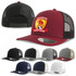 A maroon trucker cap with a mesh back and a logo on the front, surrounded by various other coloured caps.