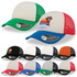 Trucker caps in various colours, featuring mesh back panels and a logo. Options include green, blue, black, and orange.