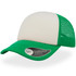 A trucker cap featuring a beige front panel and green mesh sides, with a curved visor and a logo on the side.