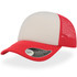 A red and grey trucker cap featuring a curved visor and a mesh back, with a logo on the side.
