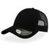 A black trucker cap with a curved visor and mesh panels, featuring a logo on the side.