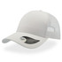 A white trucker cap with a curved visor and mesh back, featuring a logo on the side.