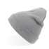 A grey beanie with a snug fit and a slightly pointed top, featuring a logo on it.
