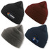 Four beanies in black, burgundy, grey, and navy, each featuring a logo on the front.