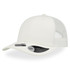 A white cap with a mid visor and a mesh back, featuring a logo on the front.