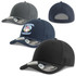 A collection of caps in black, grey, and navy, featuring a varied design and a logo on the front.