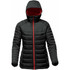 A women's thermal jacket in black with a red interior, featuring a hood and quilted design. Branding is visible.