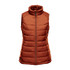 A women's thermal vest in a warm orange hue with a high collar and quilted design. It features a centre zip and has a logo.