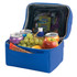 A blue lunch bag containing cans, grapes, an apple, an orange, and assorted snacks, with a zippered compartment.