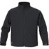 A black men's Cirrus Bonded Jacket featuring a high collar and zippered pockets, with a logo on the front.