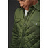 A green quilted jacket featuring a button-up front, two chest pockets, and a logo detail.