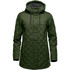 A women's quilted puffer jacket in dark green with a hood and a checkered lining, featuring a logo.