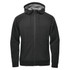 A men's full zip hoody in black with a grey interior and a logo on the front.