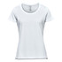 A light blue women's short sleeve tee with a round neckline, featuring a brand logo on the label.