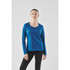 A long-sleeve tee in vibrant blue worn by a model, featuring a simple design and a crew neckline.