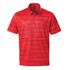 A red striped polo shirt with a collar and a logo on the chest.