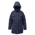 A navy Women's Denali Parka with a hood, featuring multiple front pockets and a zip closure. The jacket has a logo.