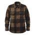 A unisex caribou fleece jacket in brown and black check pattern, featuring a button-up front and two chest pockets.