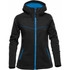 A women's black hoody featuring a blue inner lining, zippered pockets, and a fitted design. It includes a logo.