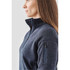 A navy women's pullover with a 1/4 zip, featuring a zippered pocket on the sleeve and a sleek design.
