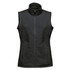 A women's full zip fleece vest in dark grey, featuring a high collar and side pockets, with a logo on the chest.