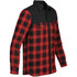 A red and black checked button-up thermal shirt with a black upper section and two chest pockets, featuring a logo.