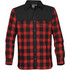 A red and black checkered button-up thermal shirt with long sleeves and two chest pockets. It features a black upper section.