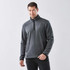 A dark grey men's fleece jumper featuring a quarter zip and a logo on the front.