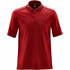 A red polo shirt featuring a classic collar, short sleeves, and a logo on the chest.