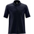 A navy blue polo shirt with a collar and short sleeves, featuring a logo on the chest area.