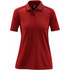 A red women's polo shirt featuring a classic collar and short sleeves, with a logo on the chest.