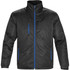 A black thermal jacket with blue zip details and three zippered pockets, featuring a high collar and a logo.