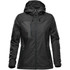 A women's rain jacket in black, featuring a hood and zippered pockets, with a logo on the front.