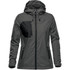 A women's rain jacket in dark grey with a black chest pocket and a hood. It features a logo on the side.