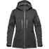 A women's jacket in dark grey with a hood, featuring multiple zippered pockets and a sleek design.