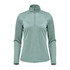 A women's 1/4 zip pullover in a soft green colour, featuring long sleeves and a high collar. It has a logo.