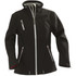 A black women's softshell jacket with multiple zippered pockets and a high collar. Features a logo on the sleeve.