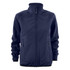 A navy softshell fleece hybrid jacket with a zippered front and side pockets, featuring a logo.