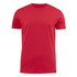 A red crew neck t-shirt with short sleeves and a logo at the hem. Suitable for casual wear.