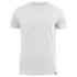 A plain white crew neck T-shirt with short sleeves, featuring a logo on the side.